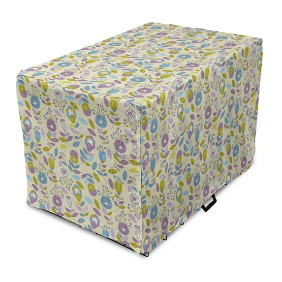 Floral Dog Crate Cover, Surreal Funny Flowers and Leaves Swirls Spirals Streaks, Easy to Use Pet Kennel Cover Small Dogs Puppies Kittens, 7 Sizes, Pale Lilac Khaki, by Ambesonne