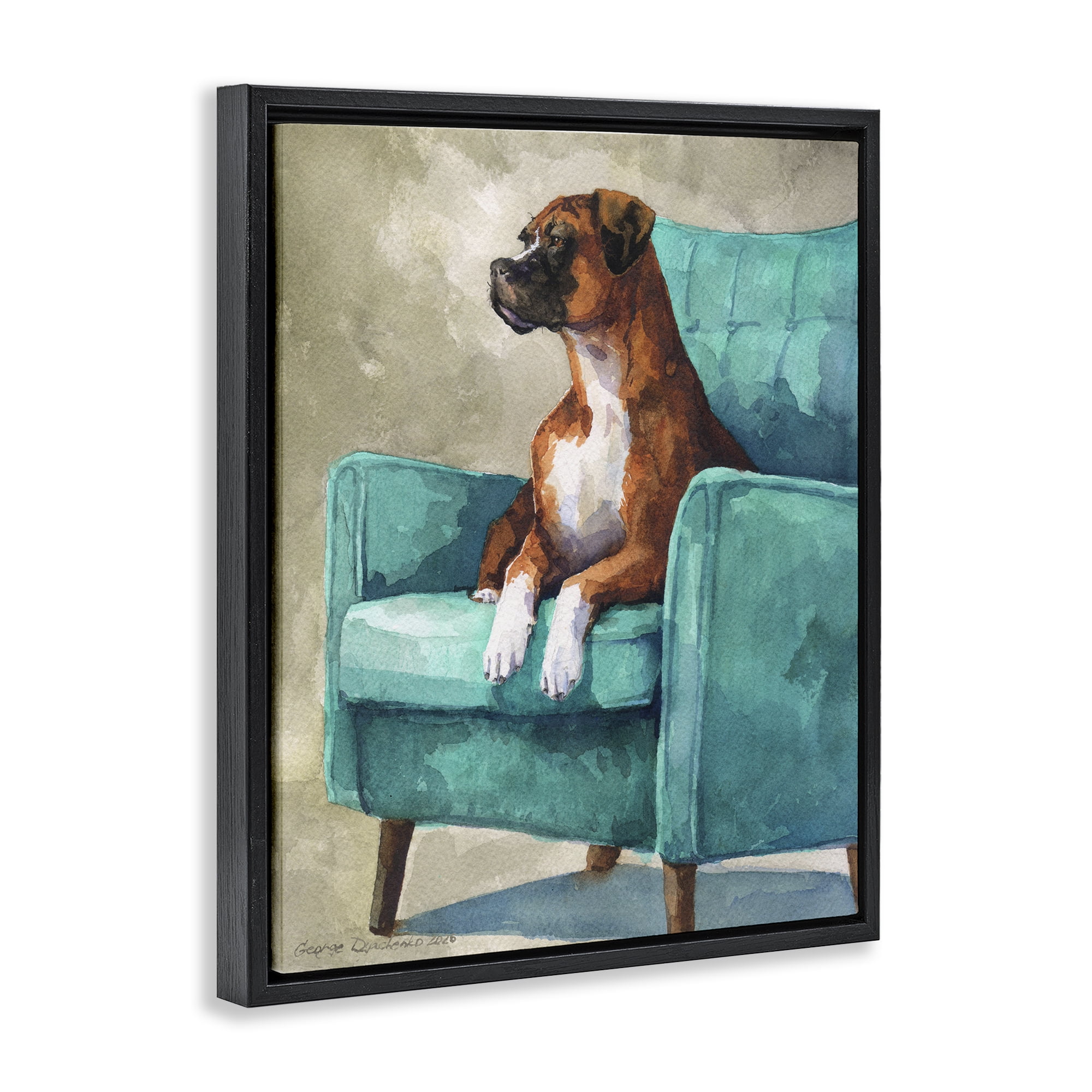 Stupell Industries Majesty Boxer on Armchair Black Framed Floater Canvas Wall Art, design by George Dyachenko