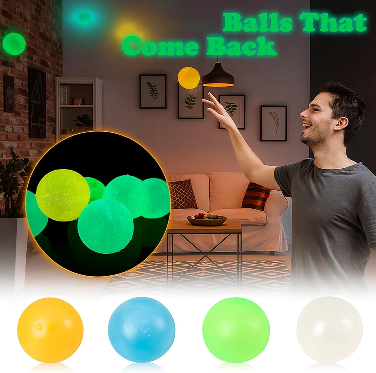Sticky Balls for Ceiling & Wall, Glow in The Dark Sticky Stress Balls (8 PCS)