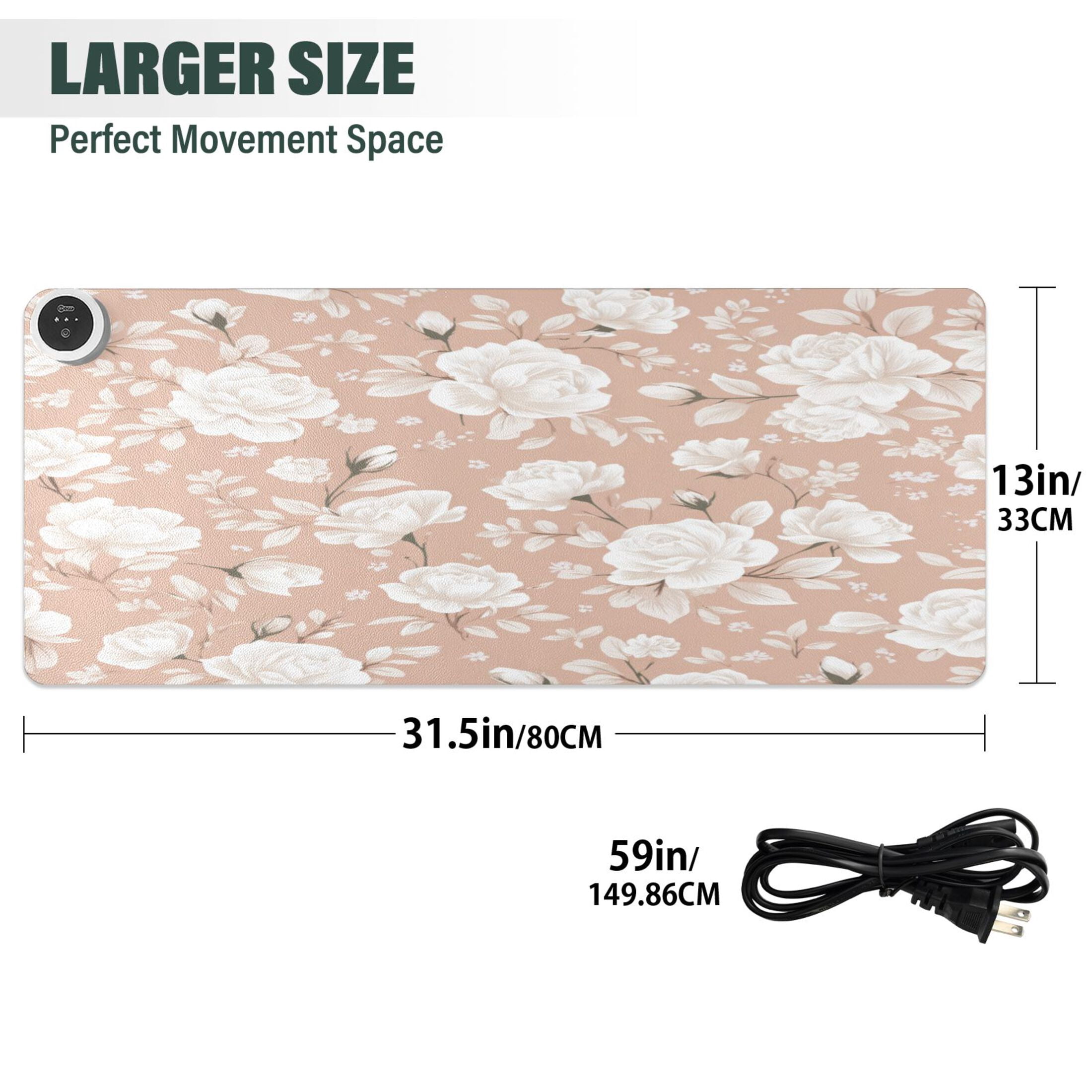 Large Heated Desk Mat Mouse Pad 31.5"x13"PU Leather Graphene Heating Desk Warmer with 3 Temperature Settings 110V US Plug Non-Slip Warm Pad for Home, Office, and Gaming Vintage Taupe Rose Print