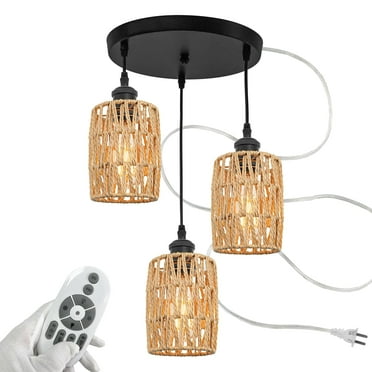 FSLiving 3-Lights Adjustable Pendant Light 15ft Plug-in UL Cord Remote Control, Smart Edison Bulbs Iron Canopy Natural Rattan Pendant Light for Sloping Roof Dining Staircase, Foyer NO Wiring Needed