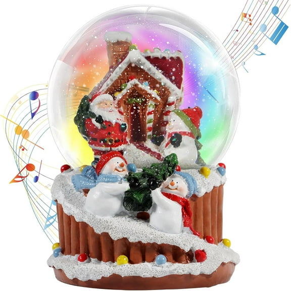 100mm Christmas Snow Globe with 8 Color Lights, Music Water Snowball, Santa Claus, Snowman, Reindeer, Music Box, Christmas Decoration, Xmas Surprise for Kids (Gingerbread House)