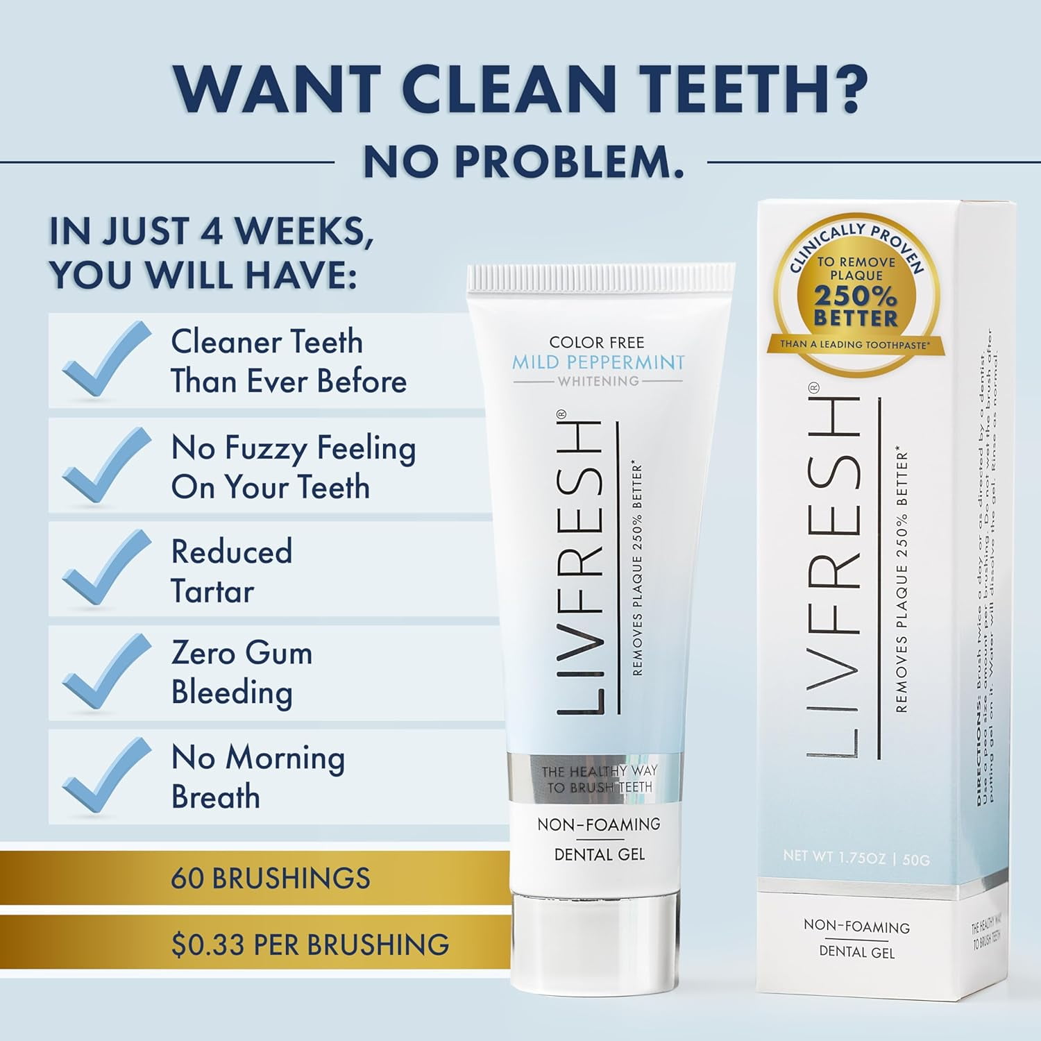 LIVFRESH Dental Gel by Livionex - Clinically Proven to Remove Plaque 250% Better (Color-Free + Mild Peppermint + Non-Foaming)