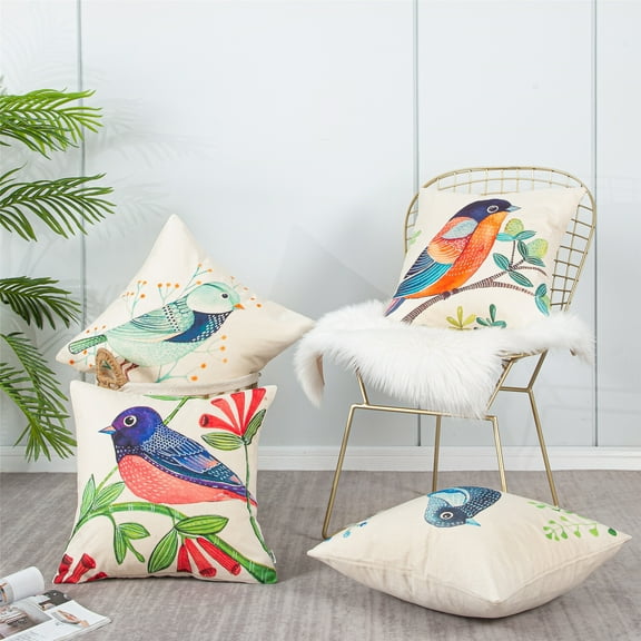 Topfinel Outdoor Bird Decorative Throw Pillowcase, Bird/Flower Single Sides Printed Spring Cushion Cotton Linen 18x18 Set of 4 Patio for Home Couch Sofa Decor