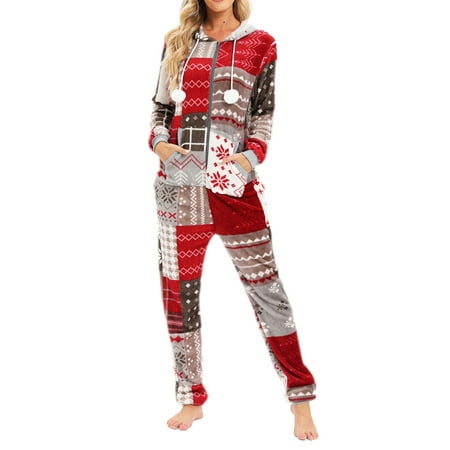 

Women Christmas Fleece Onesie Hooded Jumpsuit Pajamas Long Sleeves Zipper Flannel Hooded Romper Bodysuit Homewear