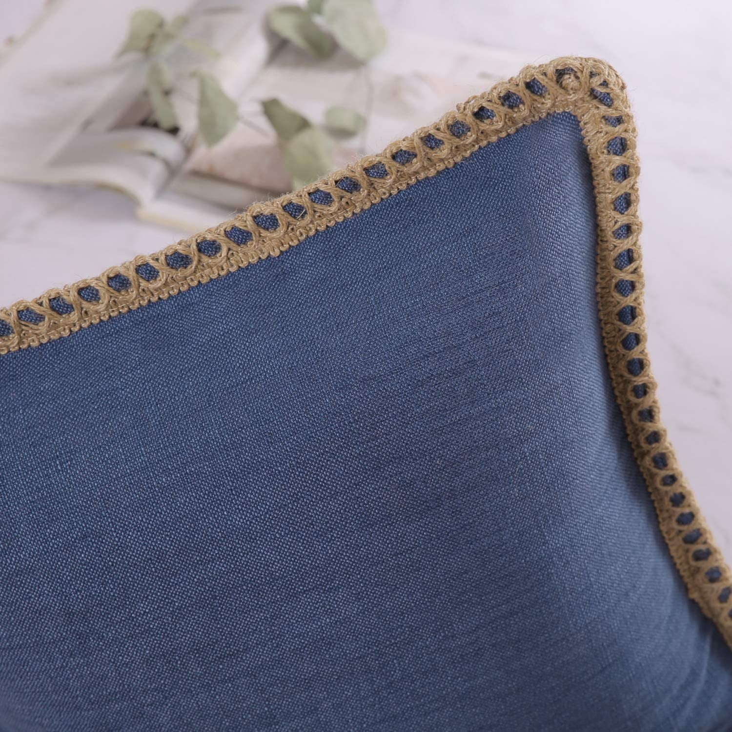 Phantoscope Linen Trimmed Farmhouse Series Decorative Throw Pillow, 20" x 20", Blue, 1 Pack