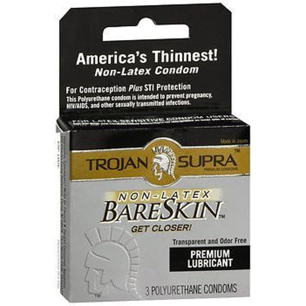 Trojan Supra Non-Latex Bareskin Transparent and Odor Free Polyurethane Condoms 3 ct
