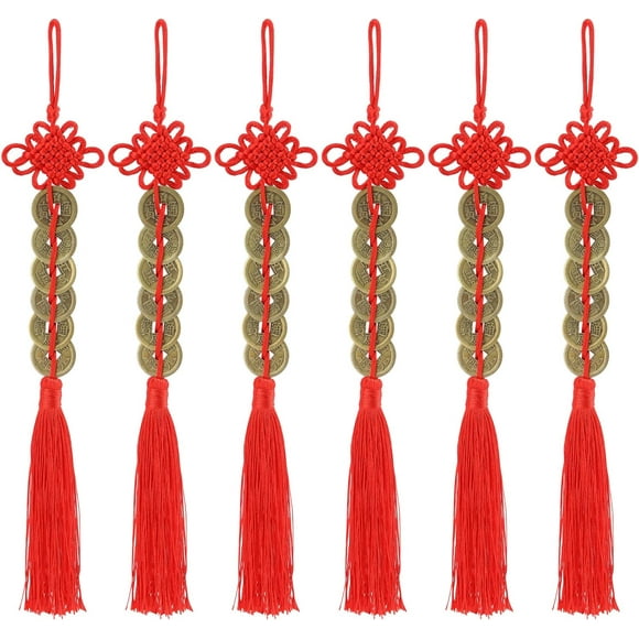 HAHDAXIA Set of 6 I-ching Feng Shui Coins with Red Chinese Knot String Vintage Lucky Coin Wealth Charms Home Car Decoration