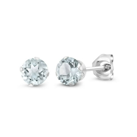 Aquamarine Sterling Silver Stud - 0.44 Ct Round 4mm Sky Blue Aquamarine 925 Sterling Silver Stud Earrings