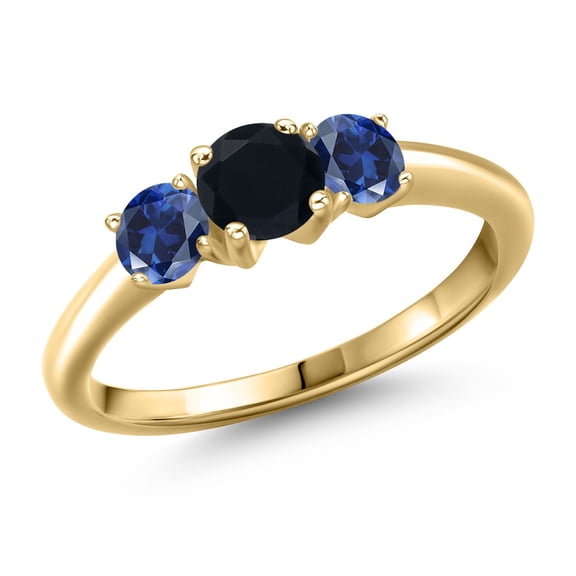Gem Stone King 10K Yellow Gold Black Onyx and Blue Created Sapphire Engagement Ring for Women | 0.98 Cttw | Round 5MM | Gemstone December Birthstone | Size 6