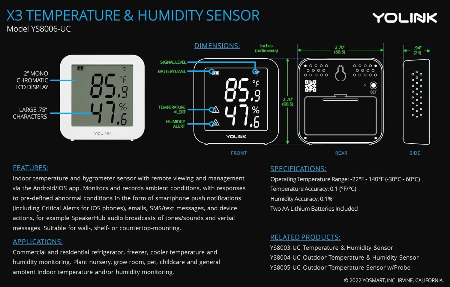 YoLink X3 version Temperature & Humidity Sensor, Supports App Real-Time Data Refresh, Alexa, IFTTT, Home Assistant Integration - YoLink Hub Included
