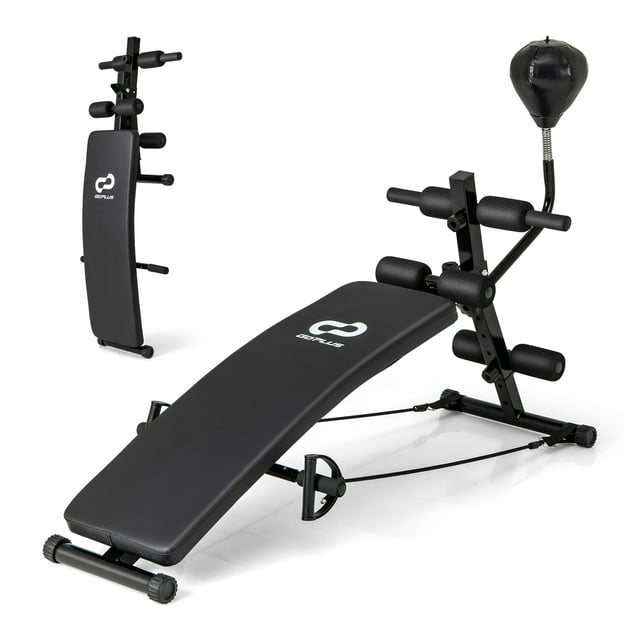 Patiojoy Banc Ajustable pour Exercice, Planche Inclinée Pliable avec Balle de Vitesse & Pompe & 2 Bandes de Résistance