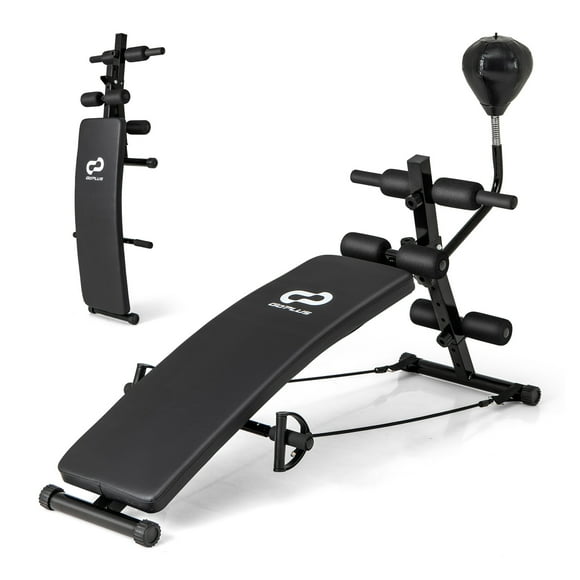 Topbuy Adjustable Decline Sit Up Bench for Exercise Foldable Curved Slant Board with Speed Ball & Pump & 2 Resistance Bands