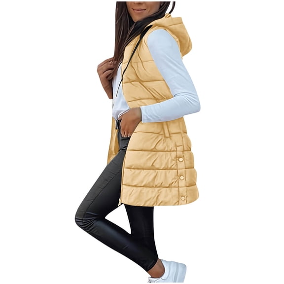 RYRJJ Puffer Vest Women Winter Warm Long Quilted Sleeveless Jackets with Pockets Fall Fashion Zip Up Puffy Coat Outerwear(Yellow,XL)