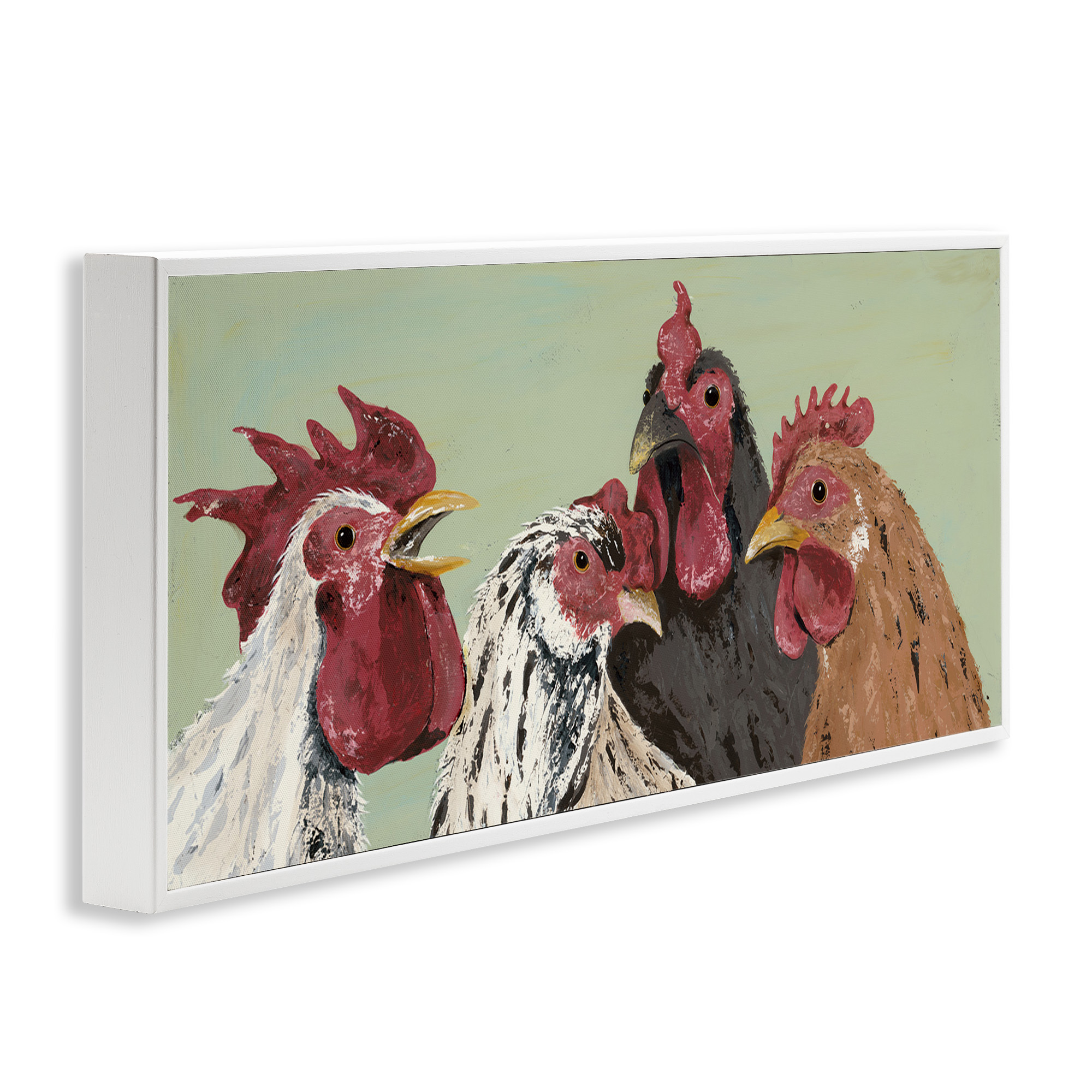 Stupell Industries Four Roosters over Green Animals & Insects Painting White Framed Art Print Wall Art, 24 x 10