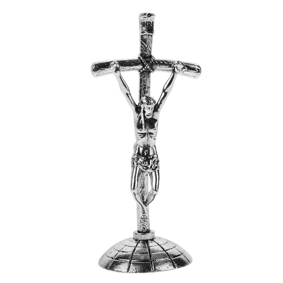 Adorno de escritorio de crucifijo vintage, estatua religiosa cristiana con base adhesiva, decoración de cruz retro para decoración del hogar y el coche