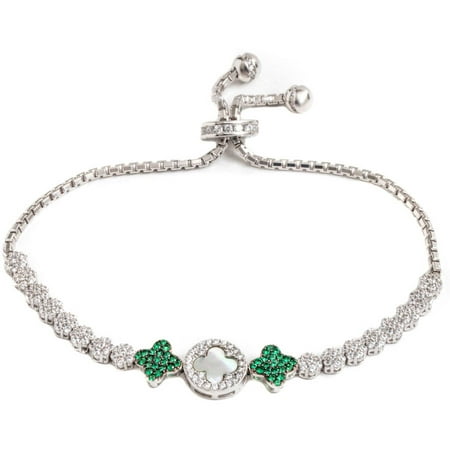 Pori Jewelers Green CZ Sterling Silver Clover Friendship Bolo Adjustable Bracelet