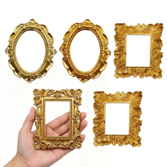 5 Pack Small Vintage Gold Resin Picture Frames for DIY Crafts, Mini Ornate Floral Antique Photo Frames, Multi-Shape Oval & Rectangle Frames for Jewelry Display, Wedding & Holiday Decor