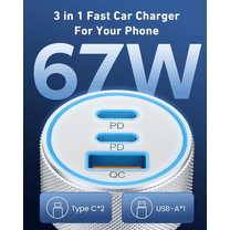 QIANJIA 67W 3-Port Fast USB C Car Charger Power for iPhone 17/16/15 Pro Max Car Charger,  Cigarette Lighter Adapter with 3FT USB C to C Cable for iPhone 17/17 Pro/Air/16/15 Pro Max/Plus/16e, iPad