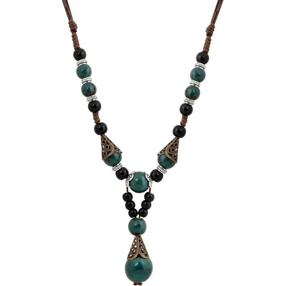 Vintage Bohemian Ethnic Colorful Ceramic Bead Long Y Necklace, Hippie Boho Summer Fashion Jewelry Gift for Women