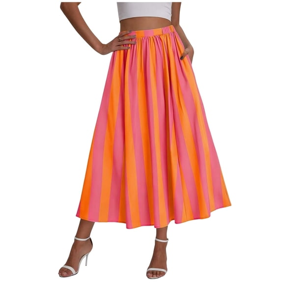 Qiopertar Striped High Waist Ankle Skirt for Women A-Line Elastic Waist Flowy Beach Vacation Skirts Casual Comfy Spring Summer Midi Skirts, Hot Pink L