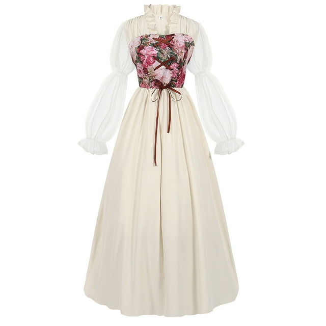 Pisexur Robe Maxi pour Femme Mode Robe Évasée à Manches Longues Robe Médiévale Renaissance Robe à Cordon Robe Corset Col Montant Robe Plissée Robe Tunique Vintage d'Automne