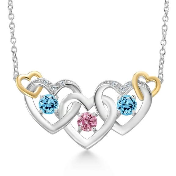 Gem Stone King 925 Silver and 10K Yellow Gold Pink Lab Grown Diamond Swiss Blue Topaz Heart Shape Pendant Necklace for Women (1.02 Cttw, with 18 inch Chain)