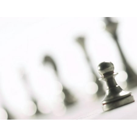 Selective Focus of Silver Pawn on Chess Board with Blurred Chess Pieces Print Wall