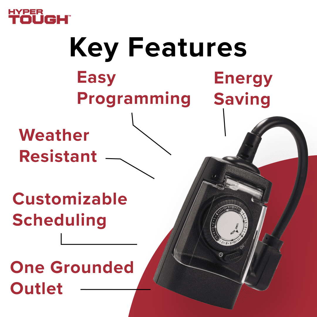 (4 pack) Hyper Tough All-Weather Outdoor Timer with 1 Grounded Outlet, 3-Prong Outlet, 6 inch Cord, 15 Amps