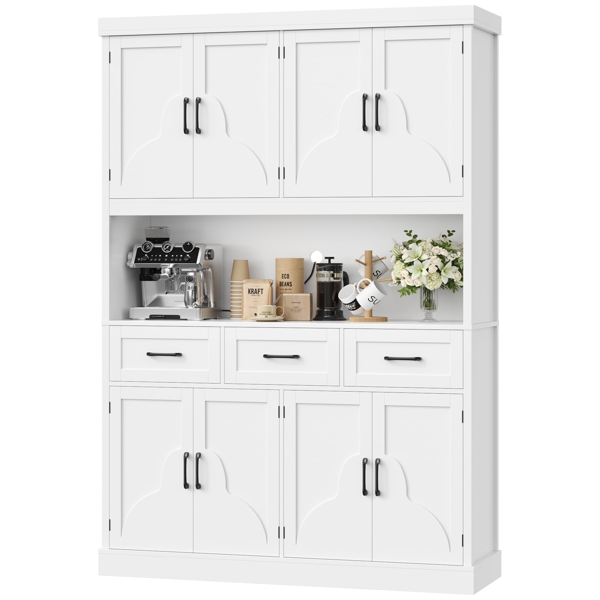 Homfa 76" Tall Kitchen Pantry Cabinet, Modern Storage Cabinet with Microwave Stand, Freestanding Cupboard with 3 drawers, Hutch Cabinet for Living Dining Room, White