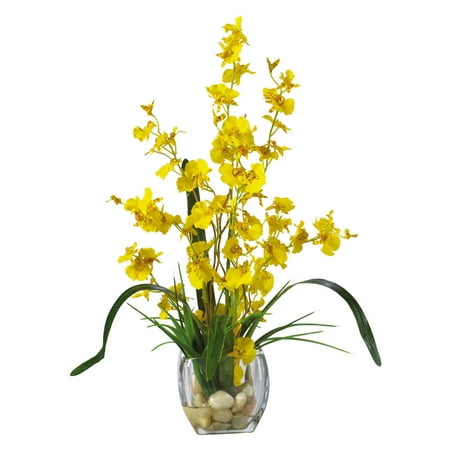 Nearly Natural Dancing Lady Orchid Liquid Illusion Artificial Flower Arrangement  Yellow Color options make this Nearly Natural Liquid Illusion Dancing Lady Orchid Silk Flower a perfect way to brighten your home or office. This silk floral arrangement includes natural looking green foliage and river rocks in a beautiful crystal vase. Clear acrylic water holds the silk arrangement and gives it a lifelike feel.