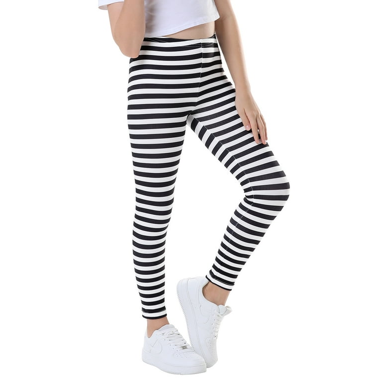 HDE Girl s Leggings Holiday Stretchy Full Ankle Length Striped Tights Black and White Stripes M Walmart