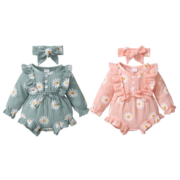 SYNPOS 3-18M Cute Newborn Infant Baby Girl Ruffle Daisy Print Long Sleeve Romper+Headband 2PCS Outfits Set