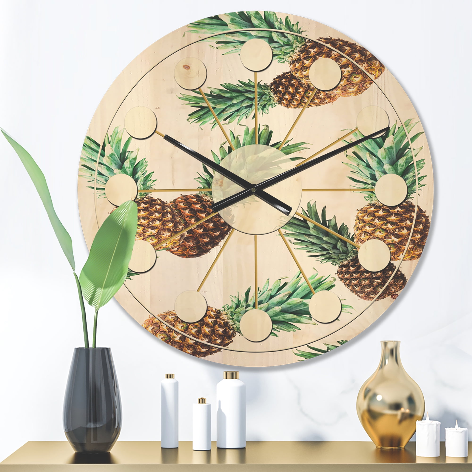 Designart 'Pineapple Summer Bliss Retro V' Mid-Century Modern Wood Wall Clock