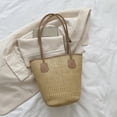 thumbnail image 3 of Bolso tejido de paja para mujer, bolso de mano con lazo para la playa, color caqui, 3 of 9