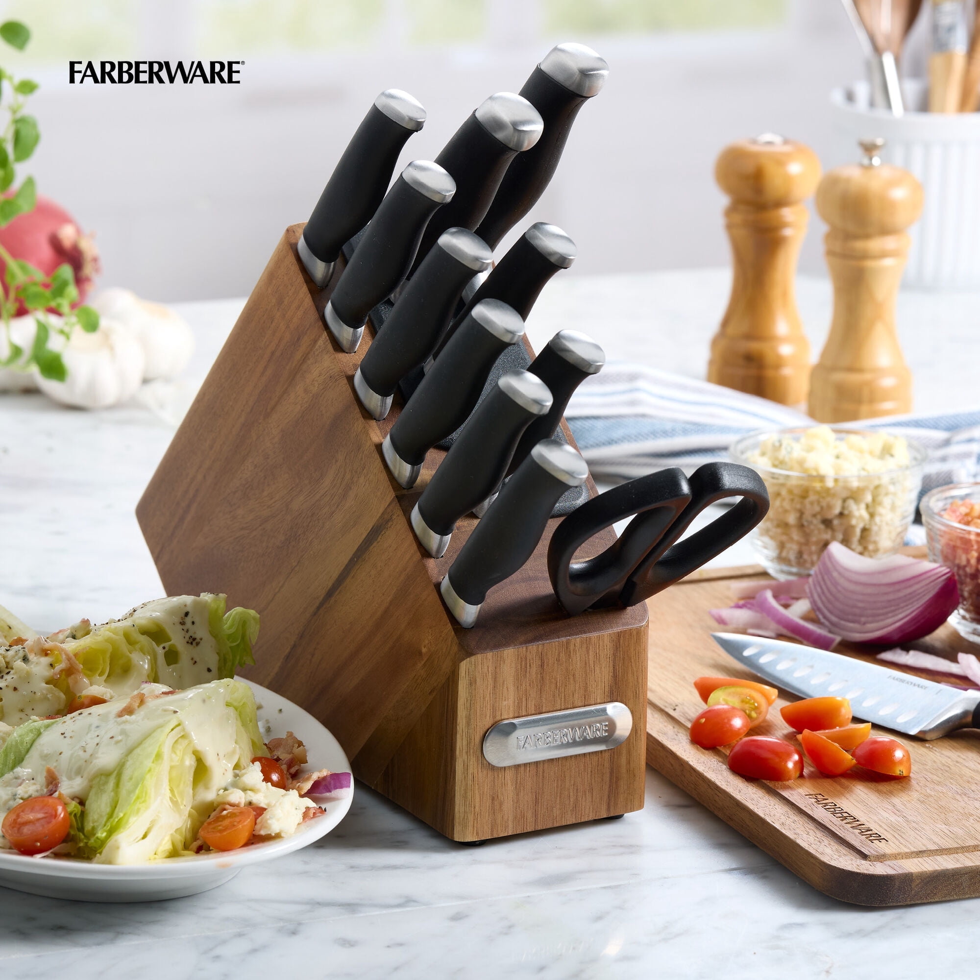 Farberware 13-Pc Forged Soft Grip Acacia Slim Knife Block Set, Edgekeeper Pro Knife Sharpener, Black