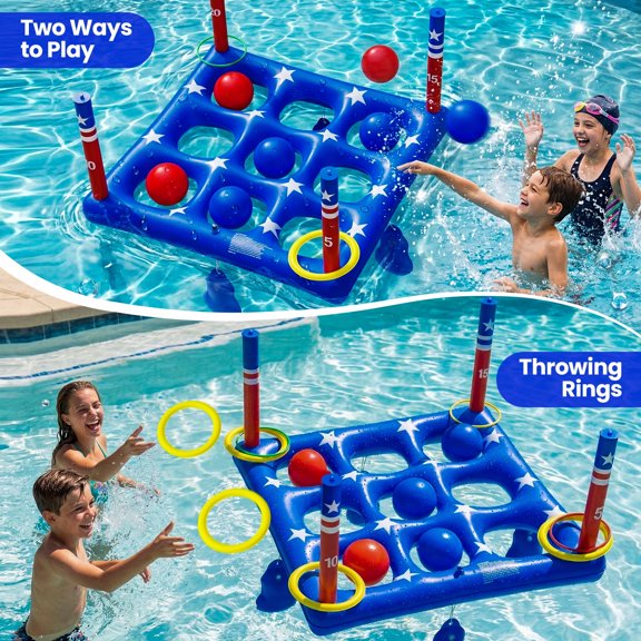 Gofunly Pool Toys Games Set- Tic-Tac-Toe Inflatable Float Game & Cross Ring Toss Game with 10 Balls and Air Pump - for Adults Teens Kids 2-10 Players