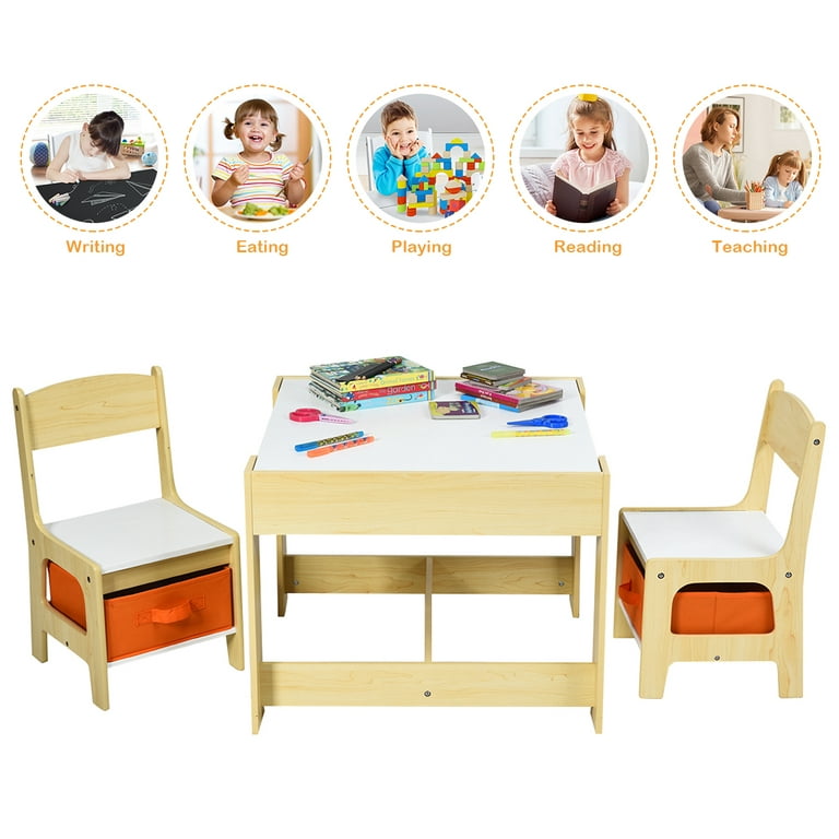 Costway 3-Piece Kids Wood Top Art Table and Chairs Set Drawing Desk with  Paper Roll Storage Shelf Bins HY10122CF - The Home Depot