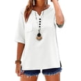 thumbnail image 2 of Women's Boho Cotton Linen Sleeveless Tops Embroidered Henley V Neck Blouses Loose Fit Summer Beach Vacation Fashion 2026 White S, 2 of 5