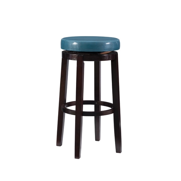 Linon Maya 31" Teal Blue Faux Leather Swivel Bar Stool in Brown Wood Frame