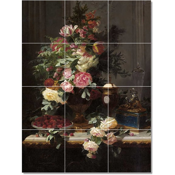 Ceramic Tile Mural-Jean Baptiste Robie Flowers Painting 168. 17" w x 12.75" h using (12) 4.25 x 4.25 ceramic tiles