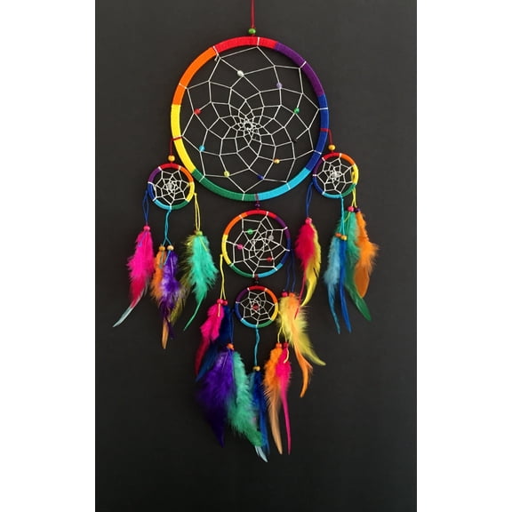 Rainbow Colored Dream Catcher With Feathers And Beads Chakra Colors