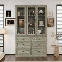 OXYLIFE 78.7" Tall Bookshelf with 6 Drawers, Rustic Vintage Bookcase with Glass Doors & Adjustable Shelves, Wooden Display Storage for Home Office, Living Room, Bronze Oak