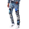 thumbnail image 2 of GFTD LA Los Angeles Men's Skinny Fit Panel Patch Fire Skull Distressed Rip Jeans (38, Blue), 2 of 7