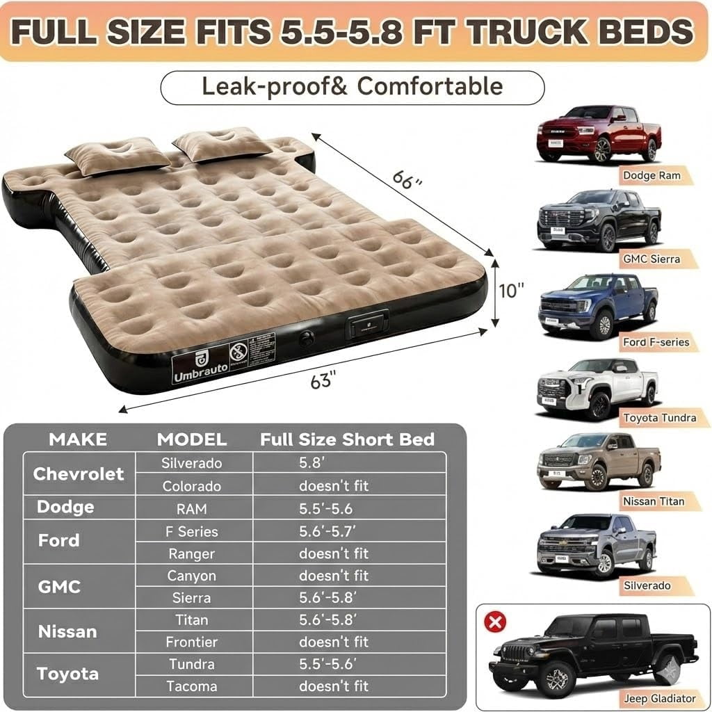 Umbrauto Truck Air Mattress for 6-6.5ft Full Size Truck Bed, Rechargeable Wireless Pump, Upgraded Peach Skin Fabric Top, Pickup Tent Airbed for Outdoor Travel(Black)