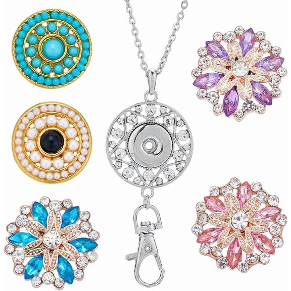 1 Box 5 Styles Rhinestone Lanyard ID Badge Lanyards Cute Women Fancy ID Badges Lanyard Interchangeable Snap Button Lanyard Necklace Breakaway Teacher Name Tag Lanyard for Badges Holder for DIY