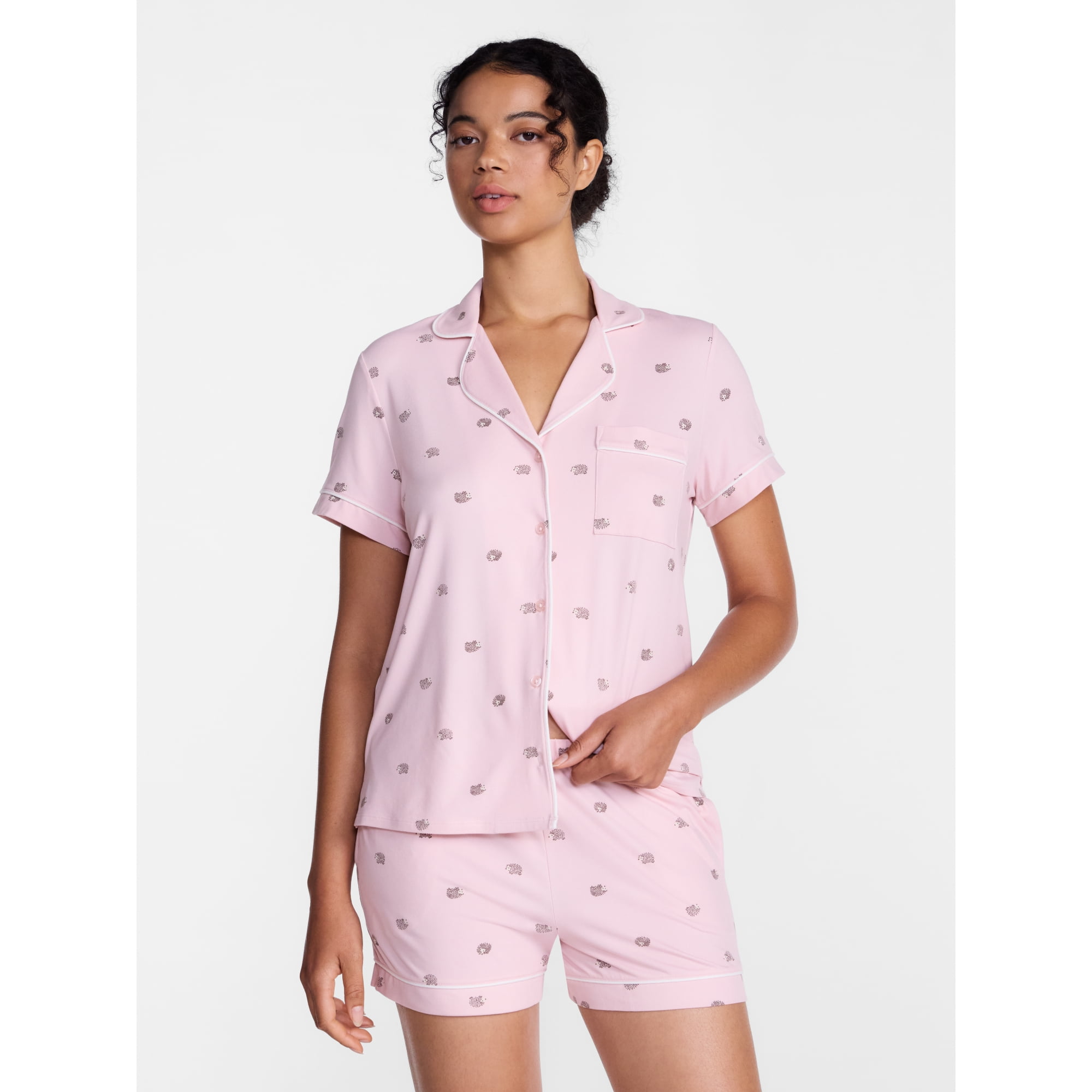 Joyspun Women’s Dreamy Soft Collection Notch Collar Knit Top and Boxer Shorts, 2-Piece Pajama Set, Sizes XS-3X