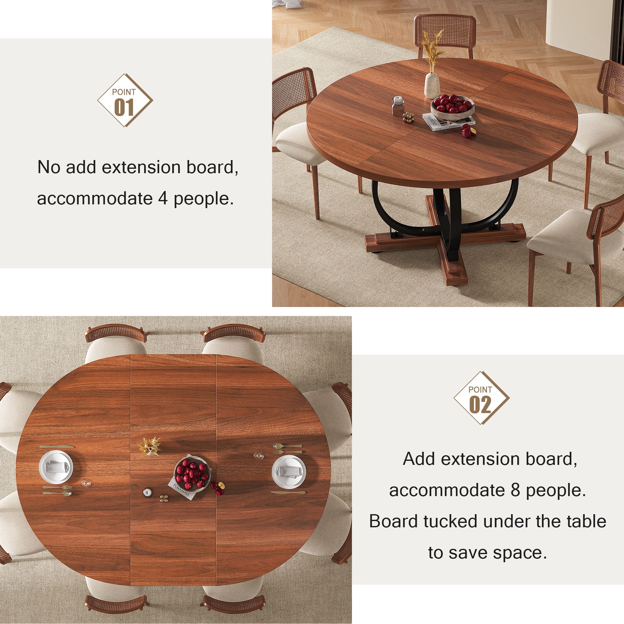 Einhomn 59”Extendable Round Dining Table for 4-8 ,Dining Room Table with X-Shaped Heavy Duty Metal Base,Thickened MDF Board,Modern Kitchen Dining Table,Space Saving,Walnut