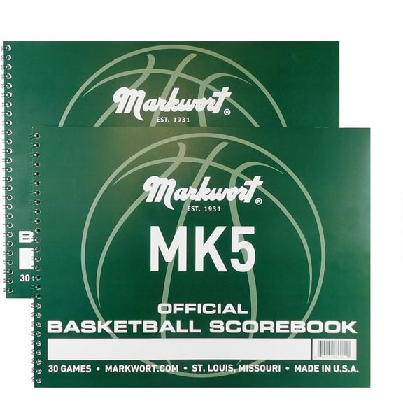Markwort Mark V Basketball Scorebook with Fouls - 30 Game Side-by-Side Scorekeeper for Basketball Stat Tracking | High School, Middle School, Little League | Pack of 2