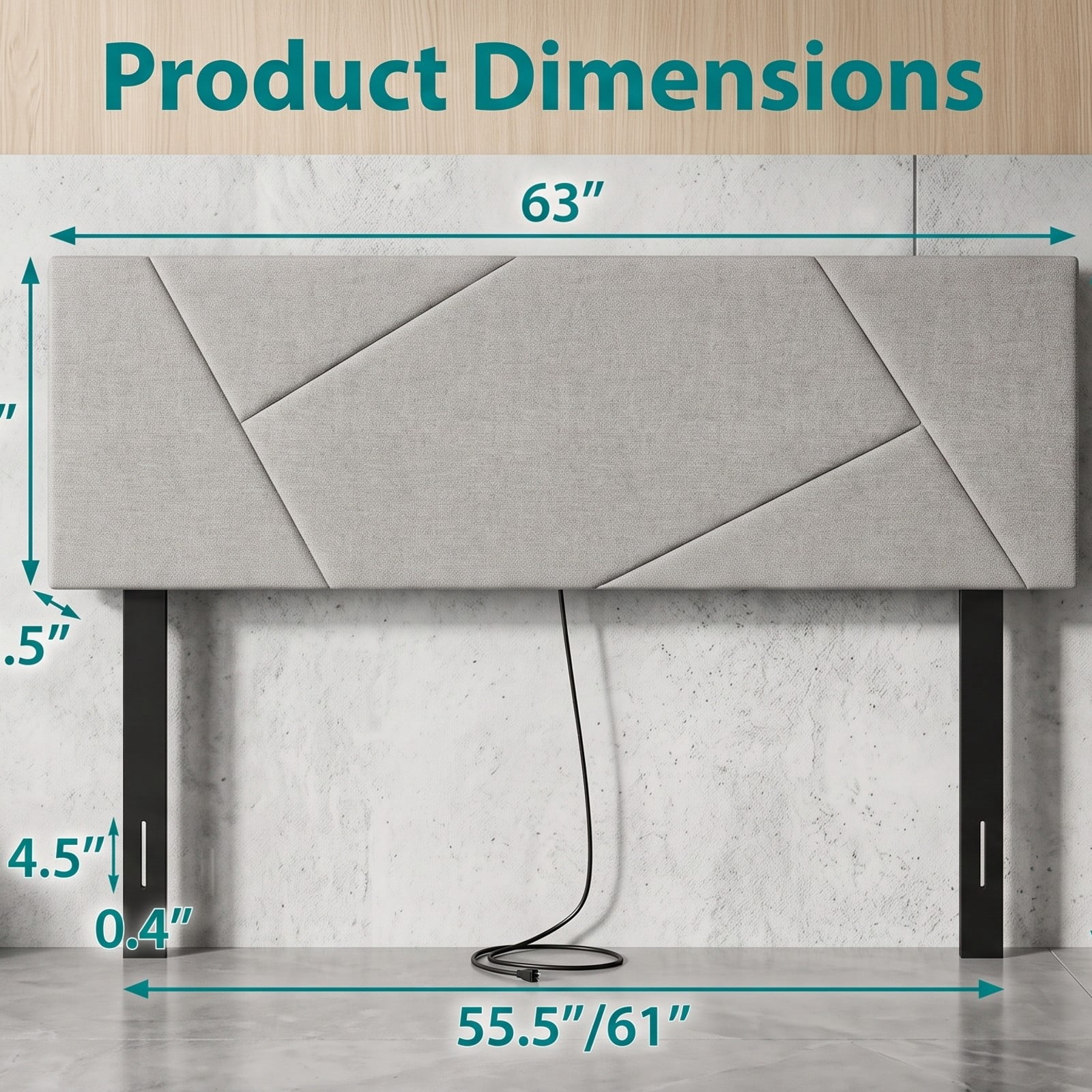 Furnibear Geometric Channel Upholstered Headboard with 2 AC Outlets and USB and Type-C Ports for Full and Queen Beds, Gray